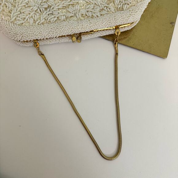 Vintage Beaded Clutch Shoulder Bag Evening Handbag Purse Sequin Elegant Cream - Picture 7 of 11